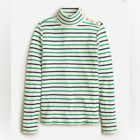 J Crew Women Vintage Rib Green Ivory Striped Turtleneck Gold Buttons XS 644 - Picture 1 of 8